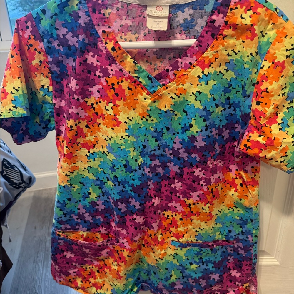 Colorful Puzzle Pattern Scrub Top